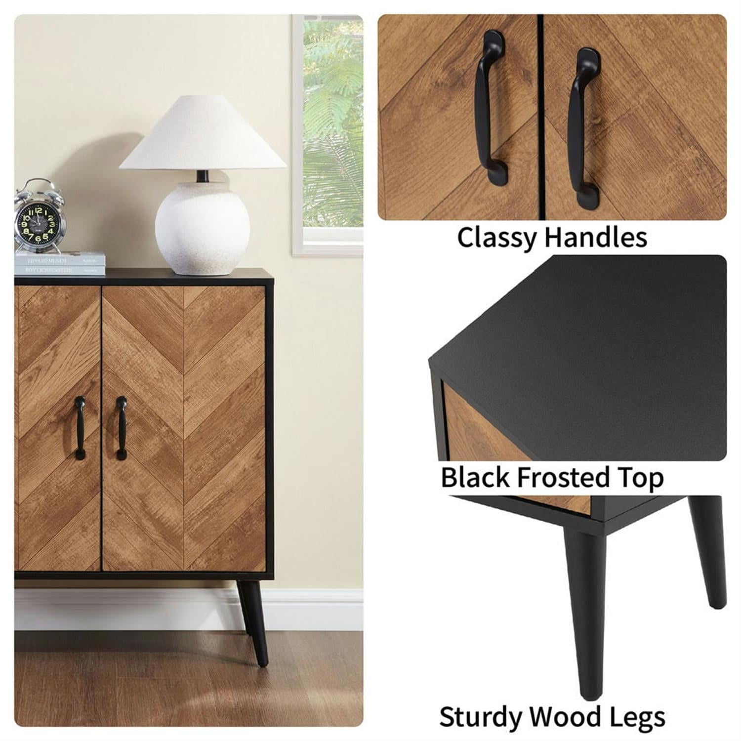 Demi Bonn Accent Cabinet with Adjustable Shelf, Kitchen Storage Cabinet with Herringbone Design, Sideboard for Living Room, Kitchen, Entryway, Black