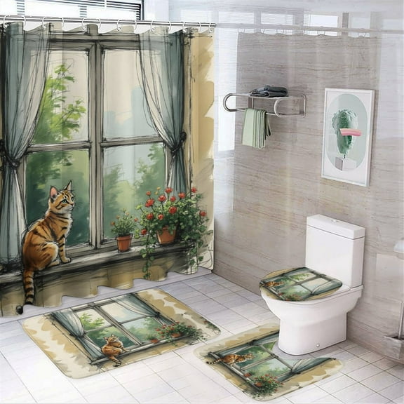 Cute Cat Shower Curtain 4-Piece Bathroom Rug Set, Includes 72" x 72" Shower Curtain, Toilet Cover Mat, U-Shaped Mat, Non-Slip Floor Mat, (with 12 Hooks) Included