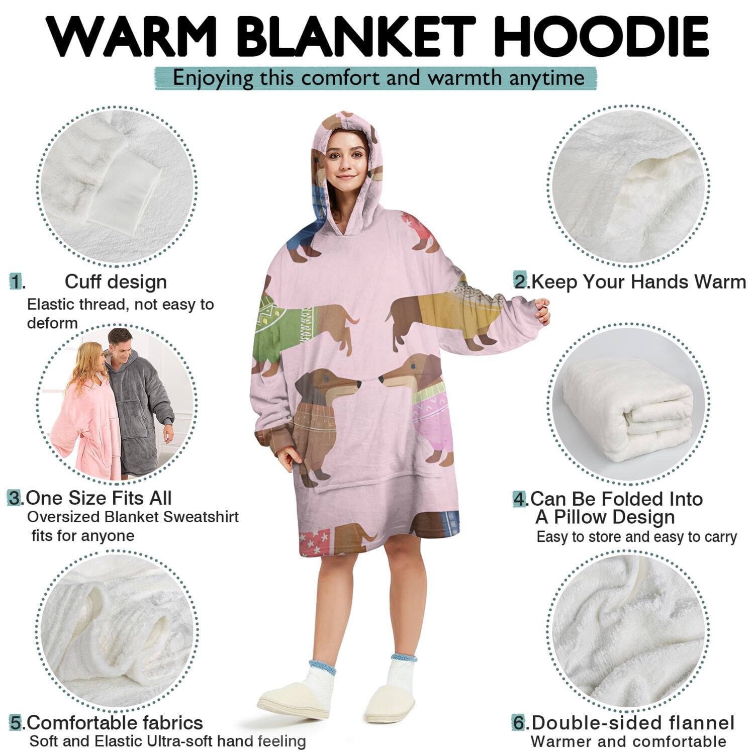 Colorful Funny Dachshund Wearable Oversized Blanket,Wearable Blanket Hoodie for Adults,Cozy Hooded Blankets with Super Pockets,Super Warm Fuzzy Pullover for Women & Men