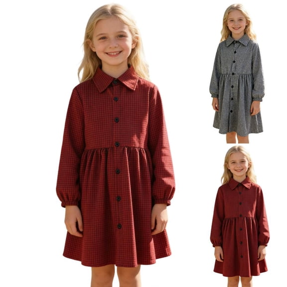 Bxsruta Girls Plaid Dress Long Sleeve Button Down School Uniform Style Dresses for Kids Ages 5-14 Years