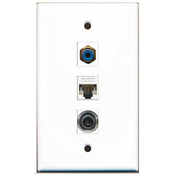 RiteAV - 1 Port RCA Blue and 1 Port 3.5mm and 1 Port Cat5e Ethernet White Wall Plate