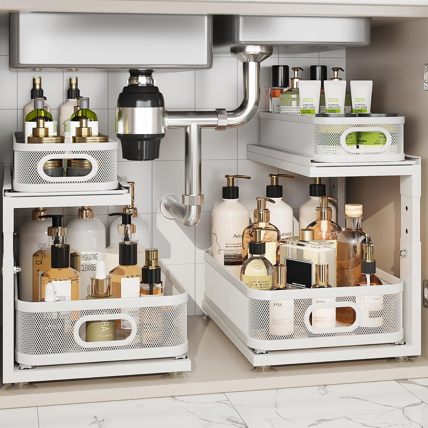 2 Pack 21IN-Depth Under Sink Organizer With Next-Gen Ball-Bearing Slides,2-Tier Precision Mesh Pull Out Cabinet Storage for Bathroom&Kitchen,Height Adjustable Drawers Shelf,Anti-rust-Black