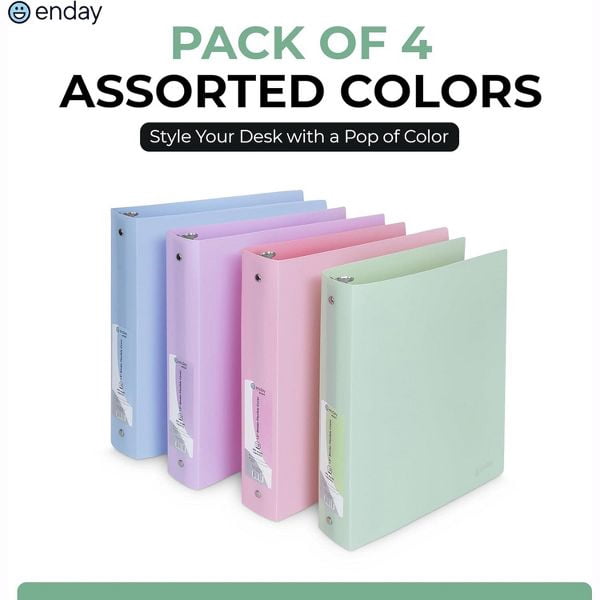 3 Ring Binder (4 Pack) Pastel Flexible Binders Round Ring with Pocket, for School Supplies in Blue, Purple, Pink and Green