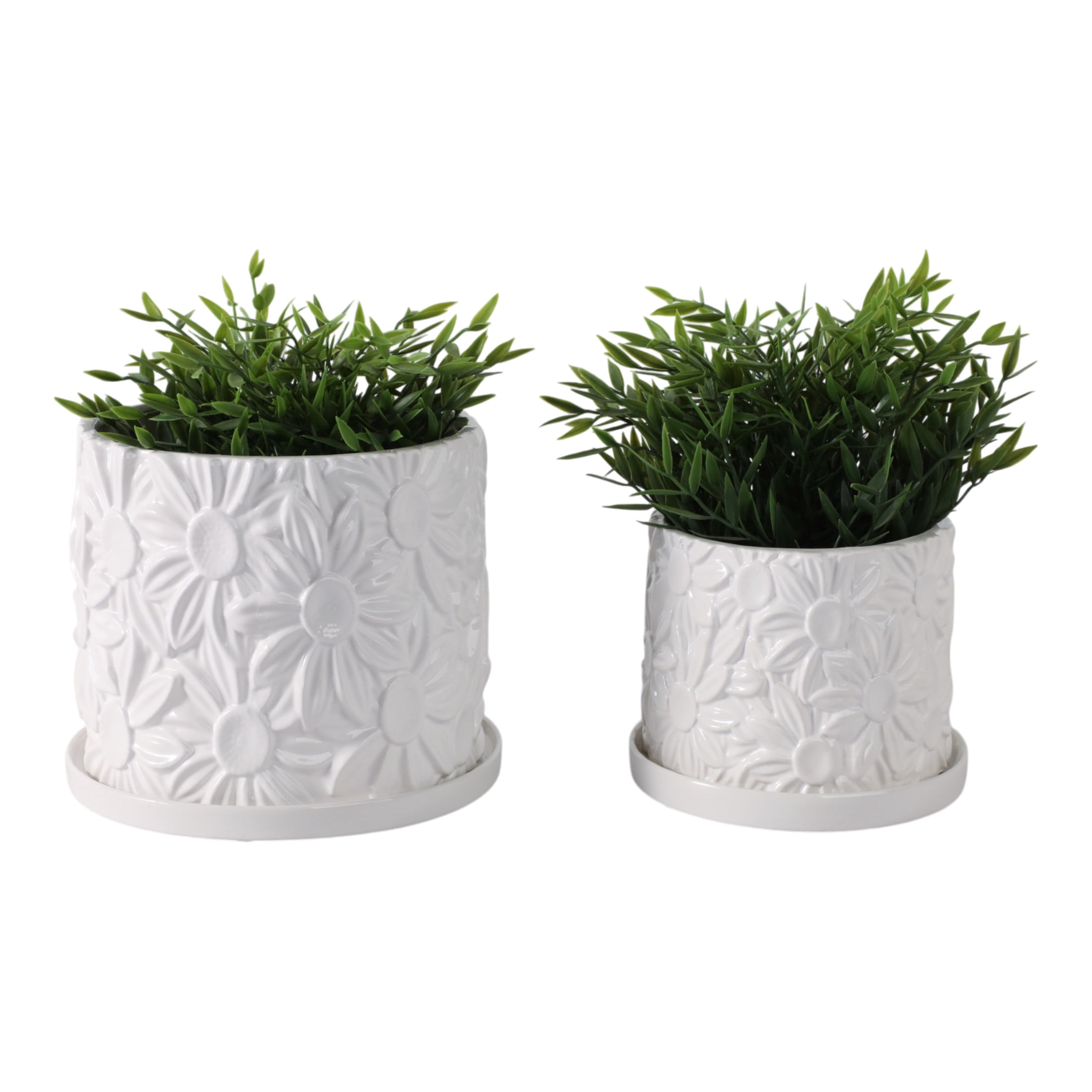 Ceramic Daisy Flower Pot Planter with Saucer for Home Decor - Decorative Plant Pots for Indoor and Outdoor Spaces - Garden Accent for Living Room, Patio, or Backyard - Set of 2, 7", 5", White