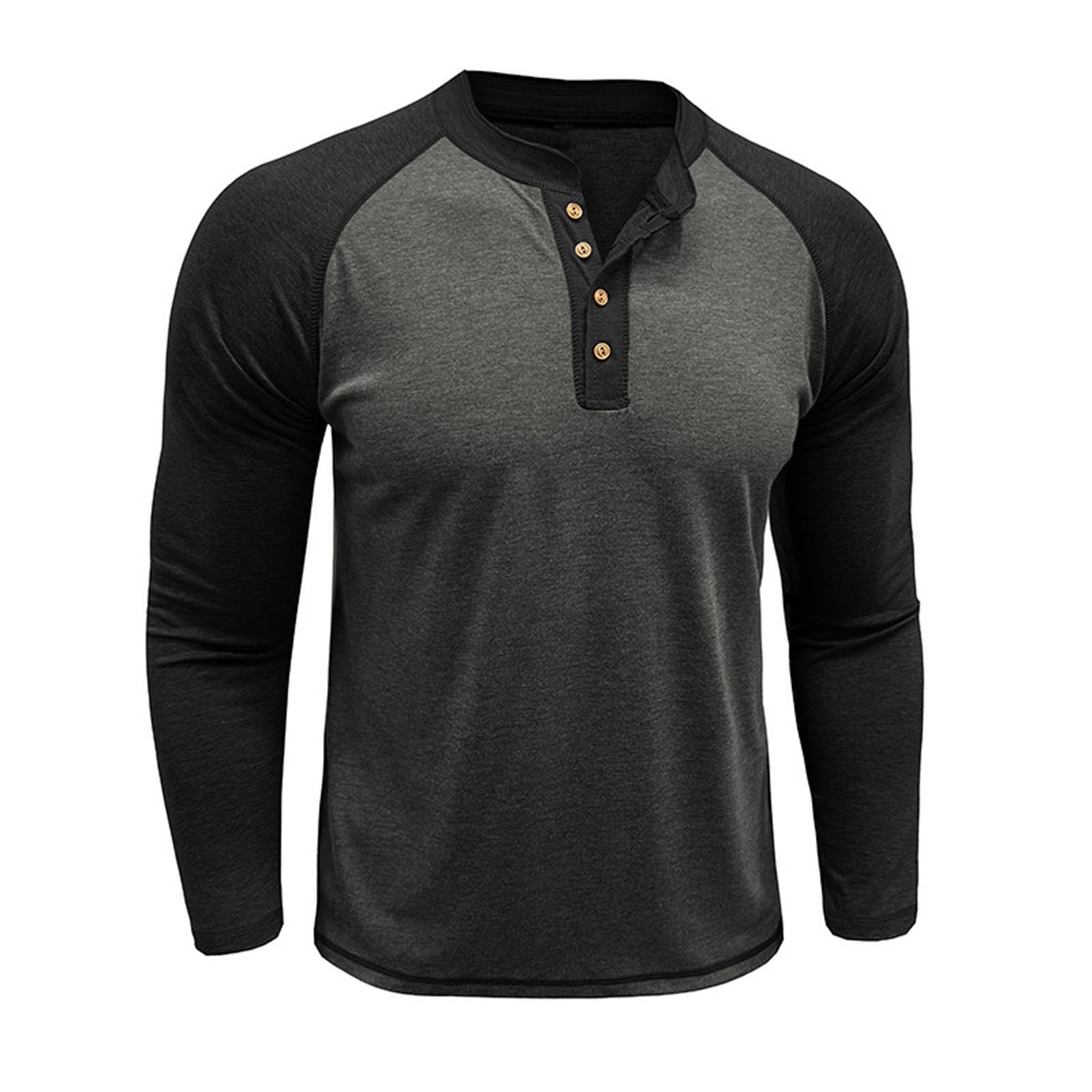 Feancey Cotton Henley Shirts for Men Raglan Long Sleeve Button Up Tshirt Color Block Fashion Baseball T-Shirts Slim Fit Casual Gym Muscle Tees Black XXL
