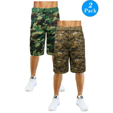 Camouflage Spandex Shorts - Men's Flat-Front Slim-Fit Belted Camouflage Shorts (2-Pack)