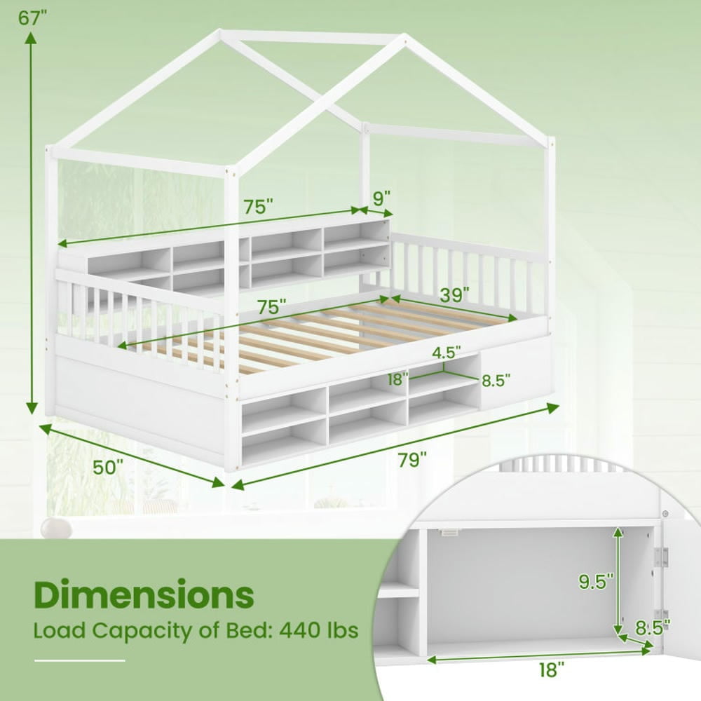 Kepooman Bed Frame, Bed Frame Mattress Foundation,Twin Size House Bed with Roof with 14 Storage Cubes and Enclosed Cabinet-White