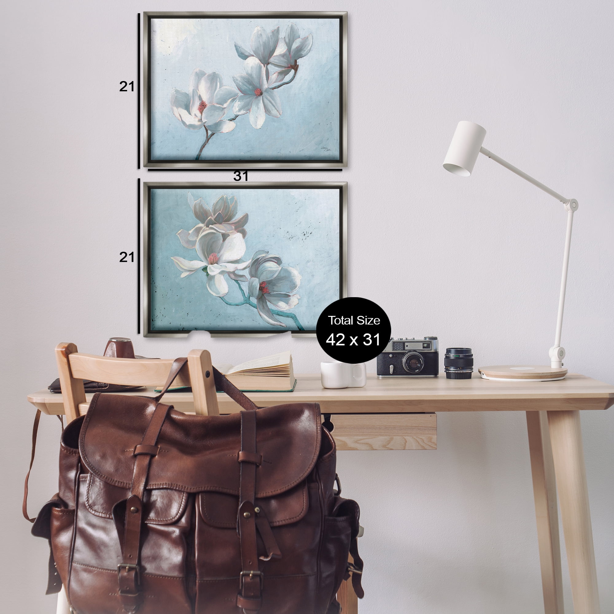 Stupell Industries Single Magnolia Branch Blossoms Plants & Flowers Painting Gray Floater Framed Canvas Art Print Wall Art, 31 x 21, Set of 2