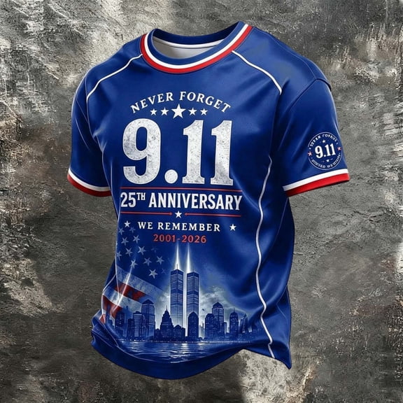 Xneal 911 25th Anniversary T-Shirt Short Sleeve Casual Print Never Forget 911 Blue Shirts for Men Size 2XL
