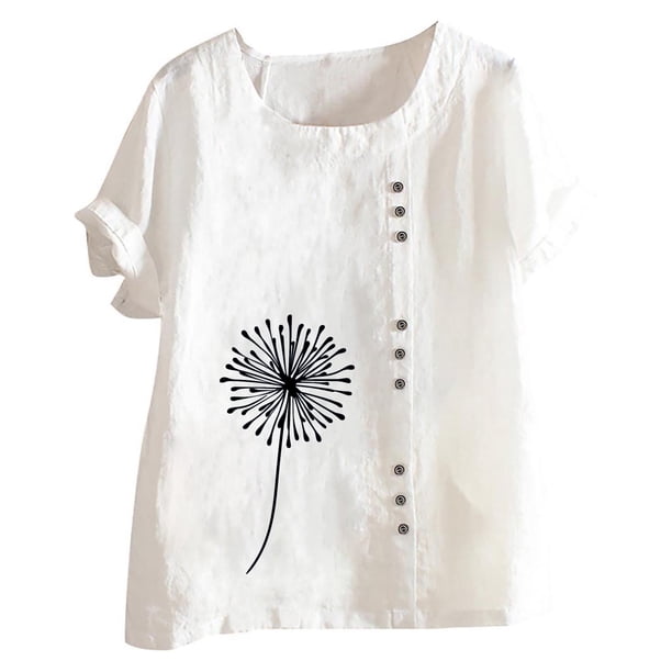 Mujeres Casual Algodón y Lino Top Impreso Manga Corta Botón Túnica Camiseta Blusa Tops Fridja nalpqowj29393