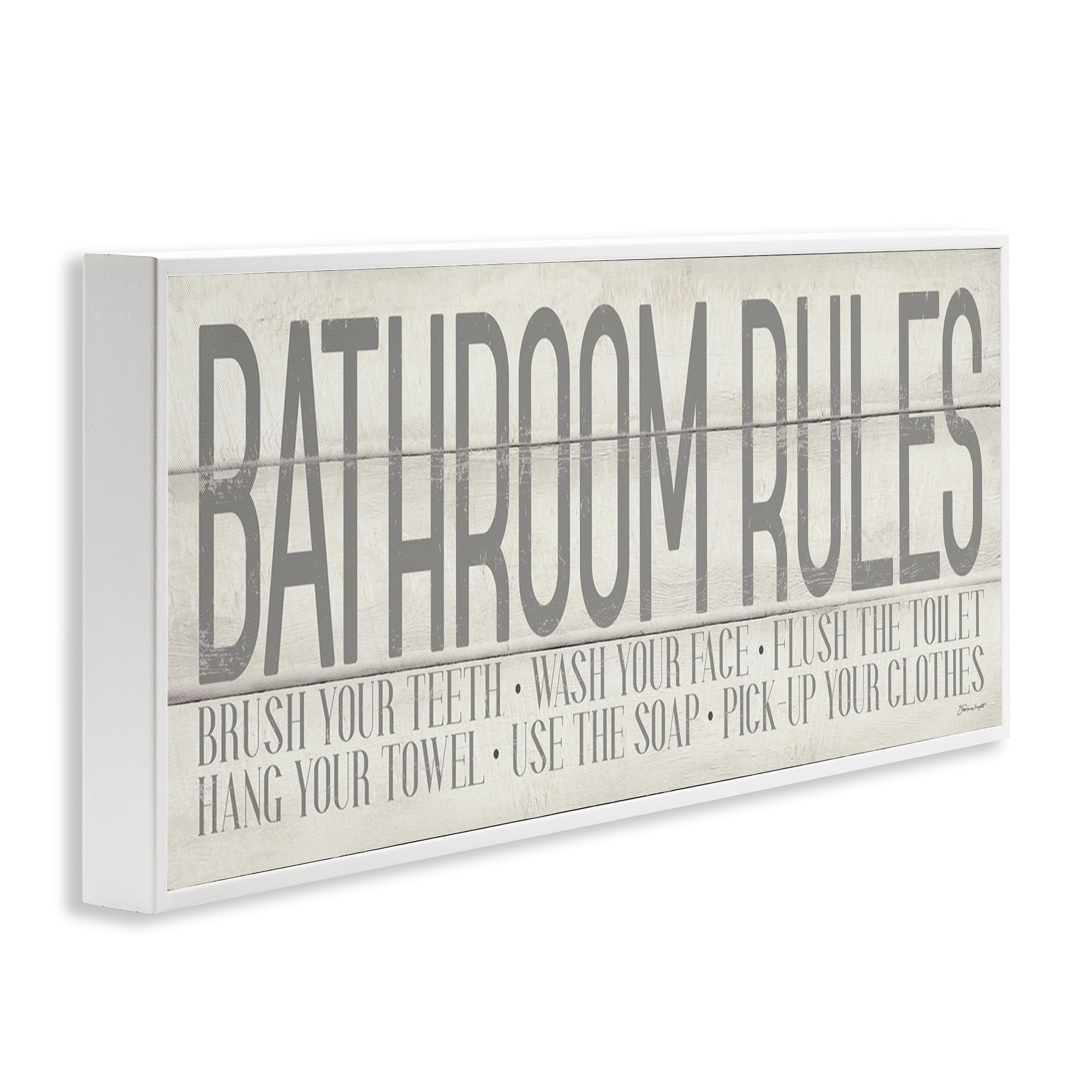Stupell Industries Planked Style Bathroom Rules Abstract Painting White Framed Art Print Wall Art, 30 x 13