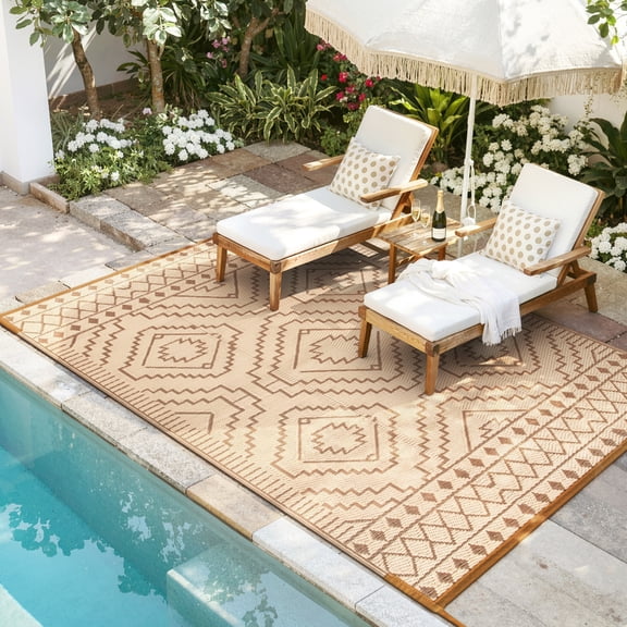 Lahome Portable Indoor/Outdoor Rug 6x9 - Waterproof & Reversible Plastic Straw Mat for Patio, Deck, Balcony, Backyard, Picnic, Beige & Brown