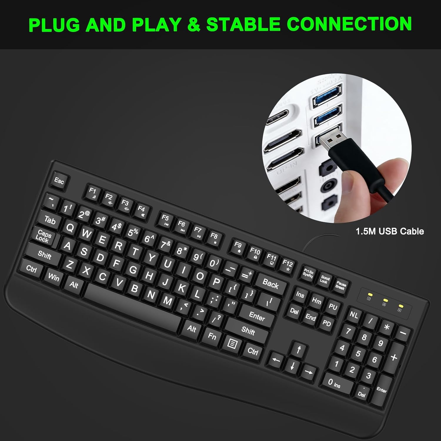 Large Print Ergonomic Keyboard, Full Size Keyboard with Wrist Rest, Silent Wired USB Computer Keyboard Oversized Letter Keys 4X Larger Easy to See & Type for Laptop, PC, Windows, Desktop