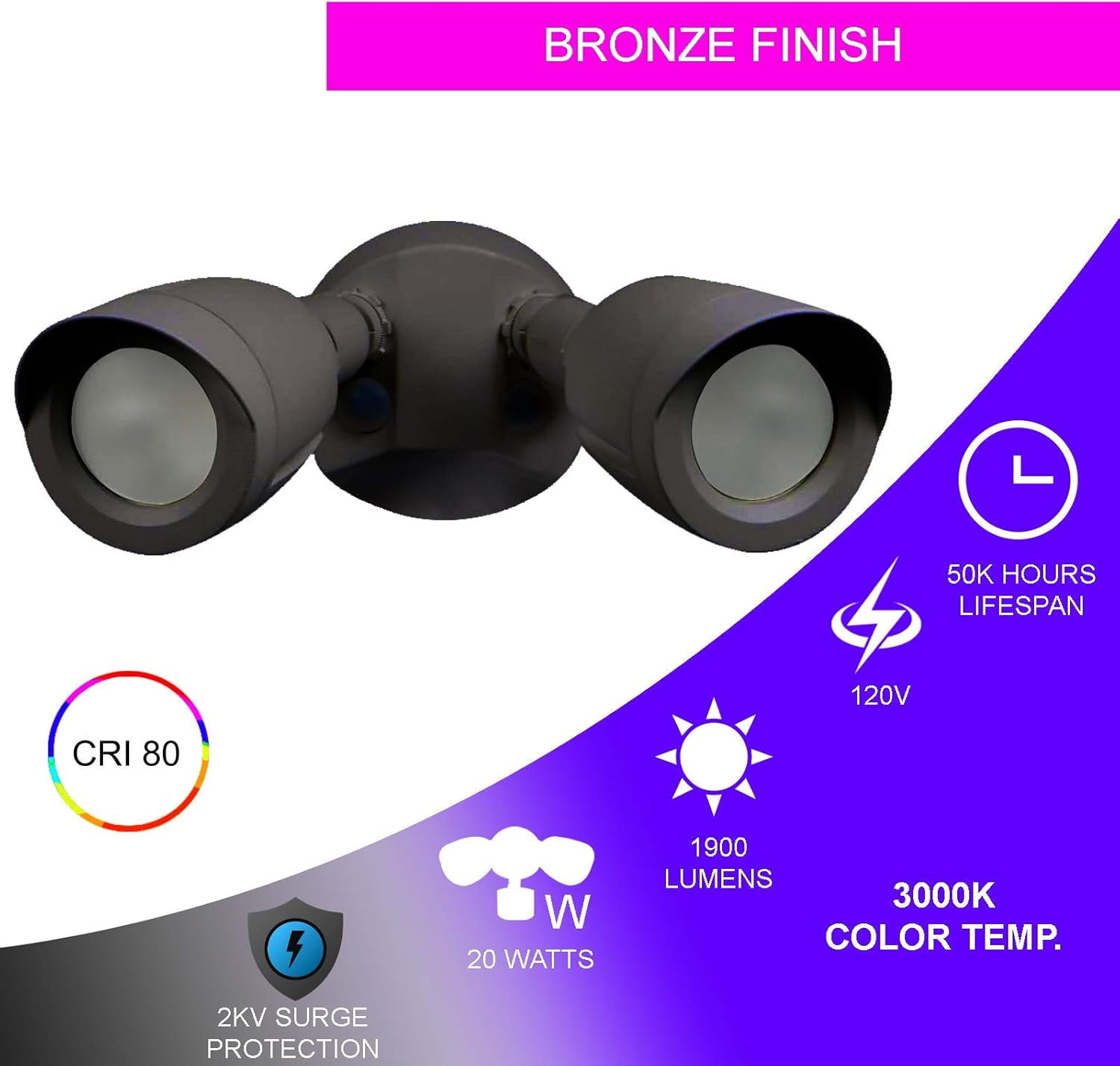 Ciata Flood Lights Outdoor, 20-Watt LED Bullet Head Security Flood Lights, Dual Head, RoHS and FCC Complaint, IP65 Rated, 1900 Lumens, 2KV Surge Protection, Die-Cast Aluminum in Bronze Finish – 3000K