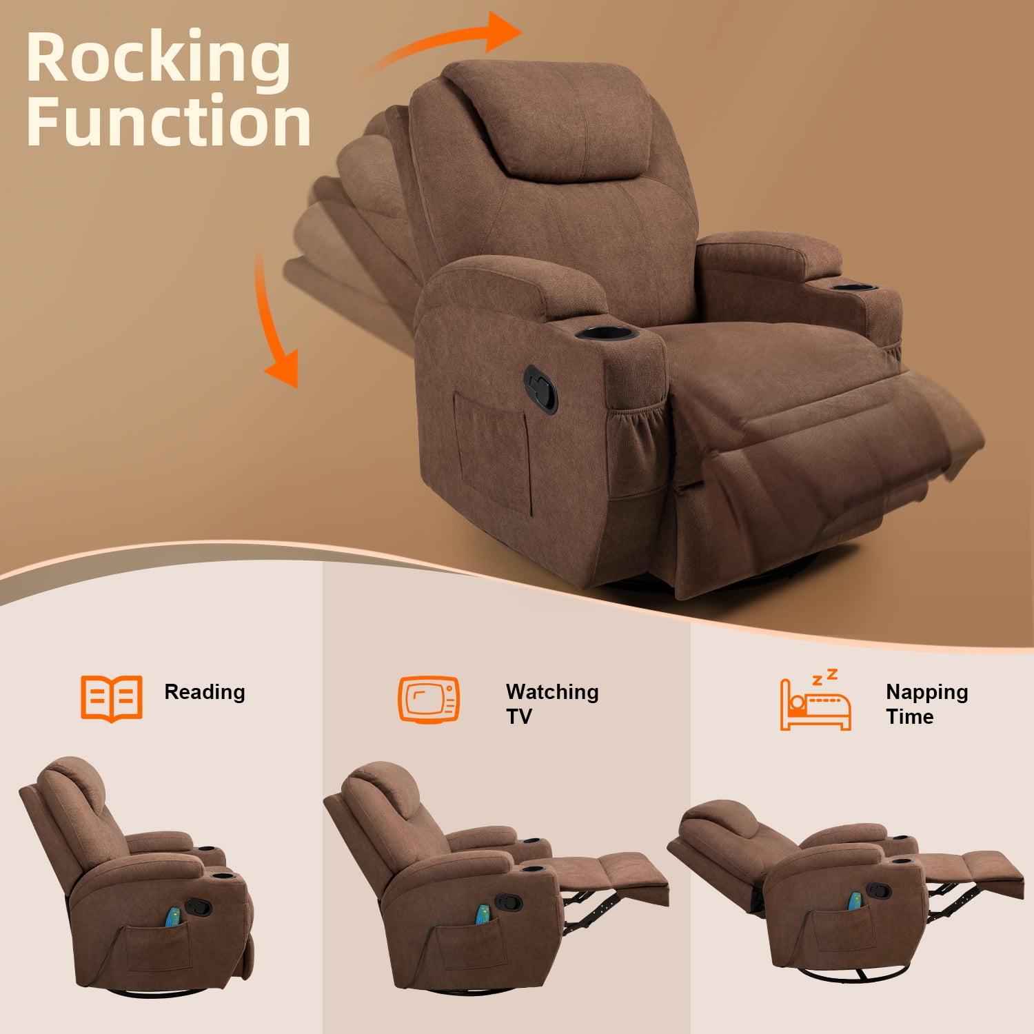 Lacoo swivel heated massage recliner with large headrest and thick  armrests, beige