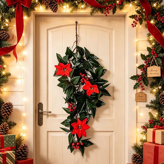 Miwamany 85x30cm Christmas Poinsettia Wall Hanging Artificial Holly Red Berry Vine Door Decor for Indoor Outdoor Holiday Winter Festive