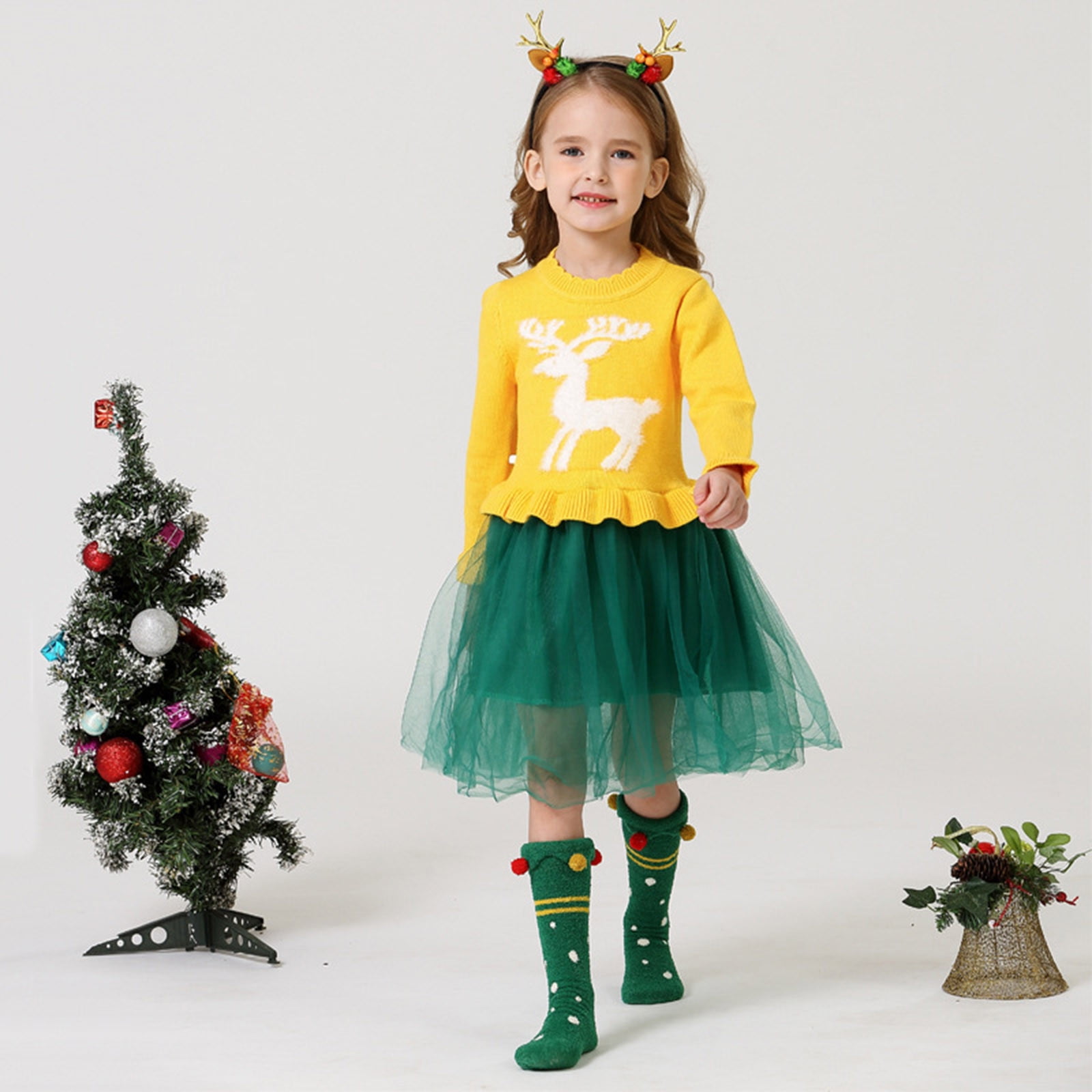 Children Kids Baby Christmas Deer Print Party Knit Dress Girl Xmas