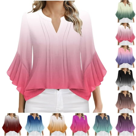 Swuxness Women 3/4 Sleeve Casual Shirts Spring and Summer Tops Ladies V-Neck Printed Comfortable Fashion Loose Pullover Tee Navy XXL