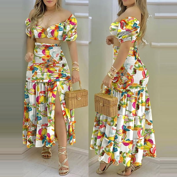 ICHUANYI Clearance Fashion Women Summer Froral Print Casual Short SLeeve Top+ Skirt Set(Yellow, XXL) ICHUANYI WER2023081001934