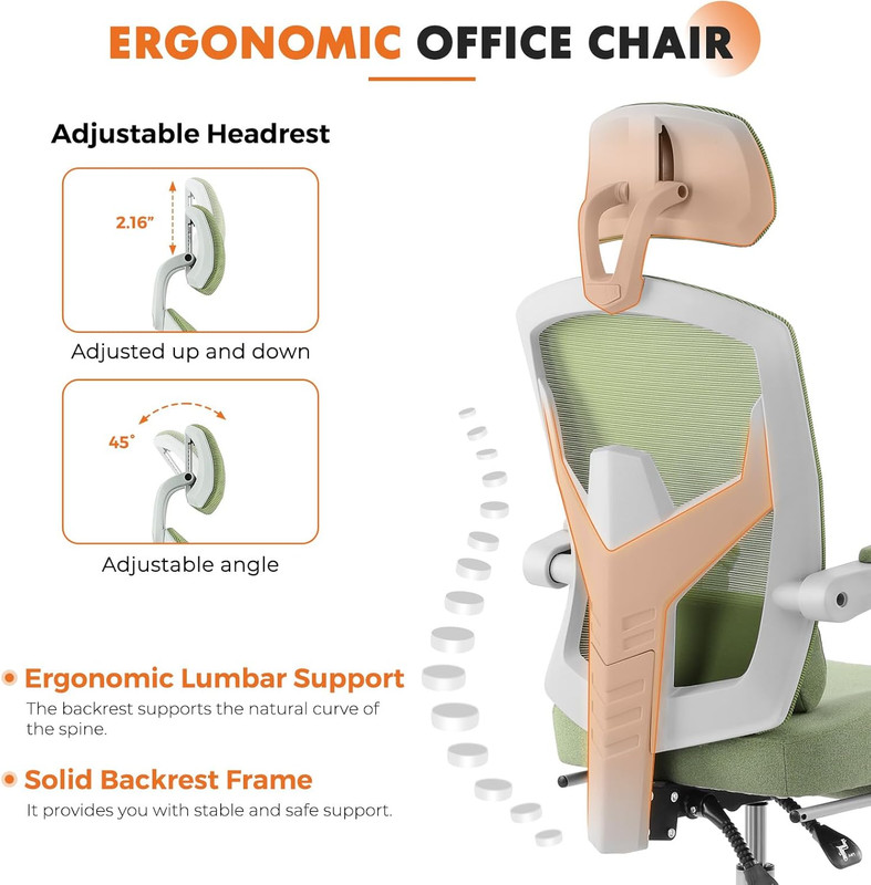 Beddle Desk Chair with Lumbar Support, High-Back Ergonomic Mesh Swivel Rolling Desk Chair for Home Office or Study, Grey