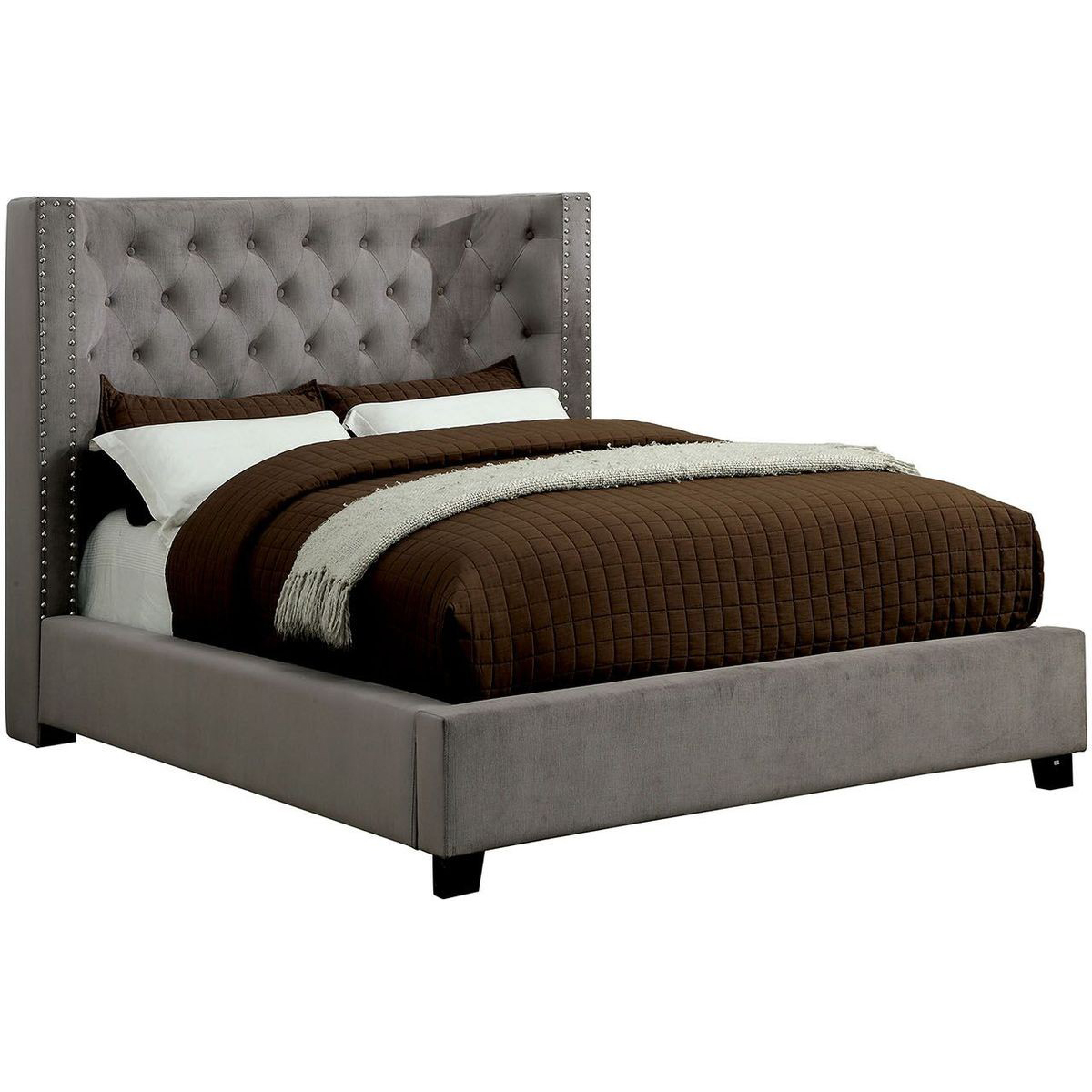 Benzara Fabric Padded Full Size Bed with LED Backlight Headboard, Gray ...