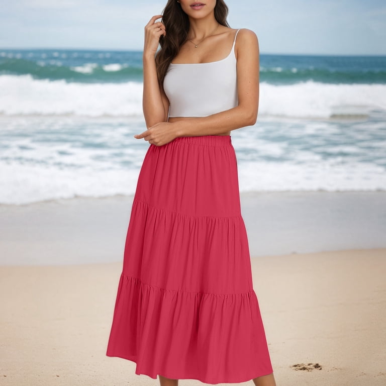 ladies maxi skirts and dresses Bibifish Womens Maxi Skirts Solid Elastic Waist Skirts Tiered Flowy Skirts  Loose Fit Casual Vacation Daily Wear Soft Comfy Every Wear Skirts