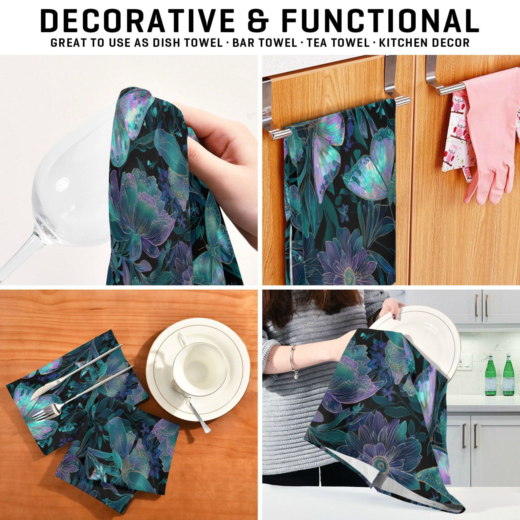Qxltty Fluorescent Blue Butterfly Kitchen Towels 28 x 18 Inch Set of 6 Soft Cotton Linen Feel Dish Towels with Hanging Loop for Drying, Cleaning & Decor