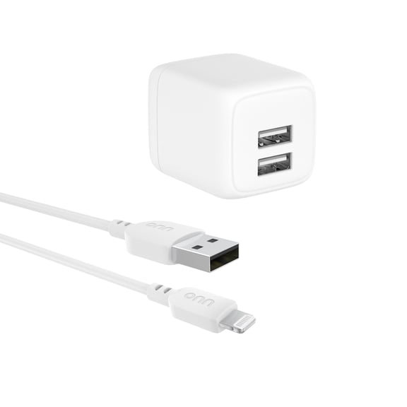 onn Dual USB-A Port 24W Wall Charger with 3ft Lightning to USB Cable, Foldable Plug, White