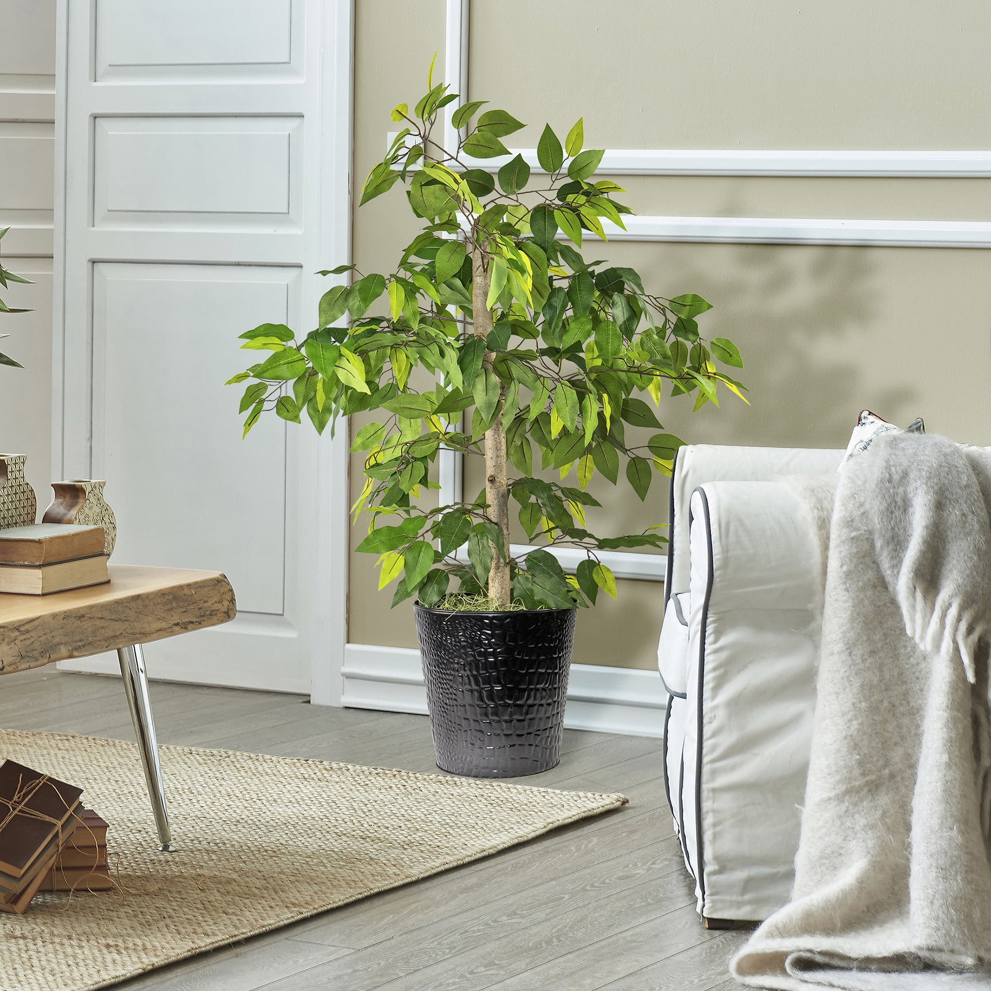 LCG Florals Artificial Tree, Ficus Tree, 4 ft, Black Metal Planter
