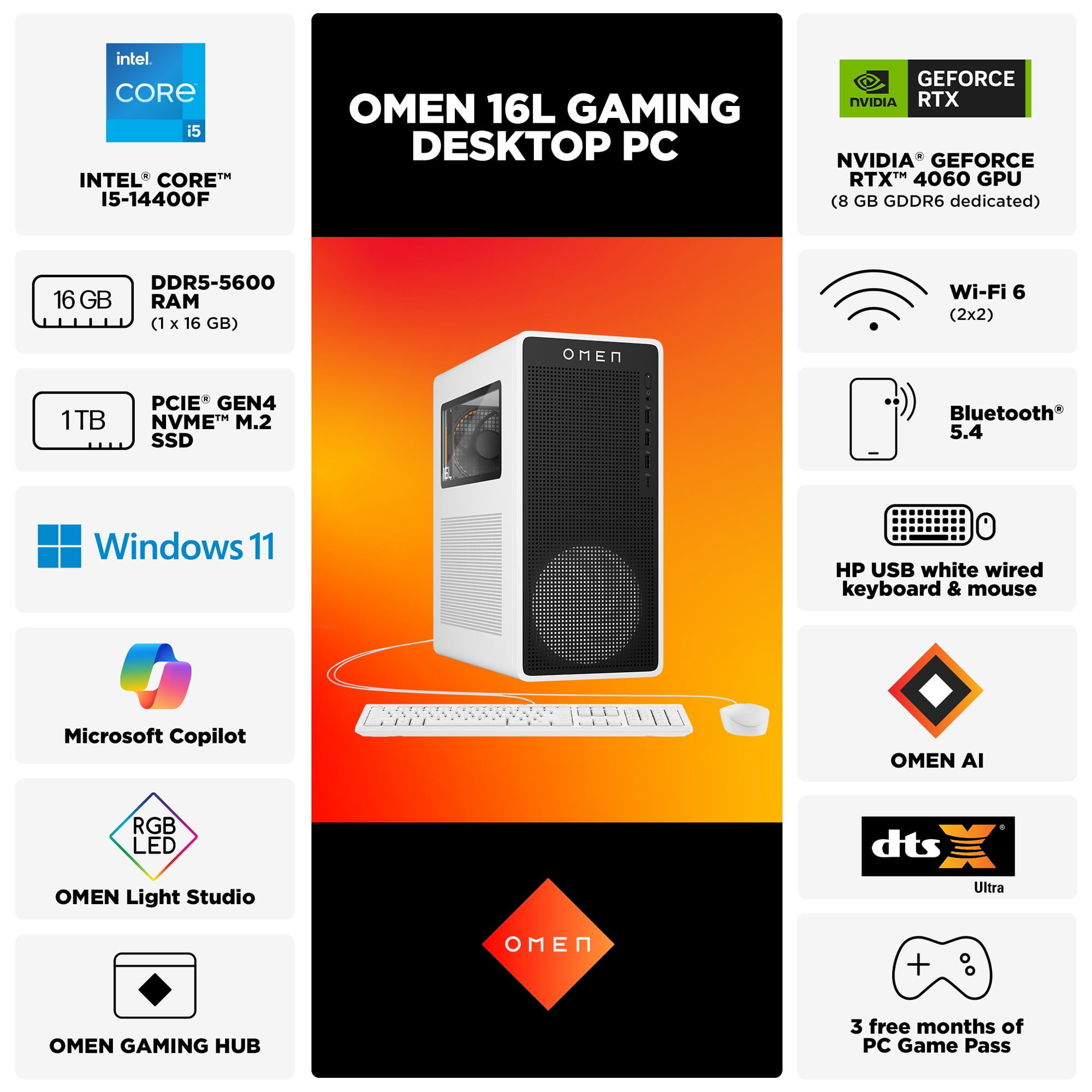 OMEN 16L Gaming Desktop PC Intel Core i5 16GB RAM 1TB SSD RTX4060