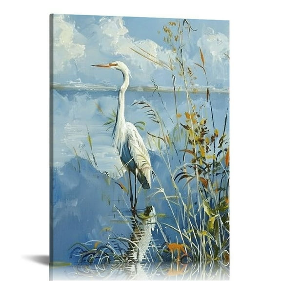 Acheng Sea Bird Wall Art Painting: Framed Wooden Blue Coastal Ocean Scene Artwork Heron on Beach Picture Modern Bedroom Bathroom Living Room Decoration Home Office Decor 12x16 in