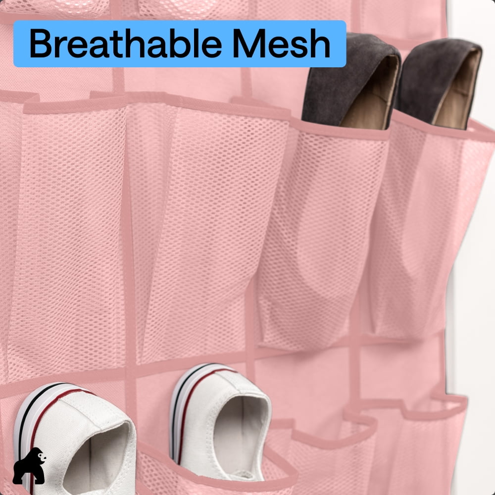 GORILLA GRIP 24 Pocket Over the Door Shoe Organizer, Mesh Pockets, Up to 40 Pounds, Hang on Doors, Light Pink