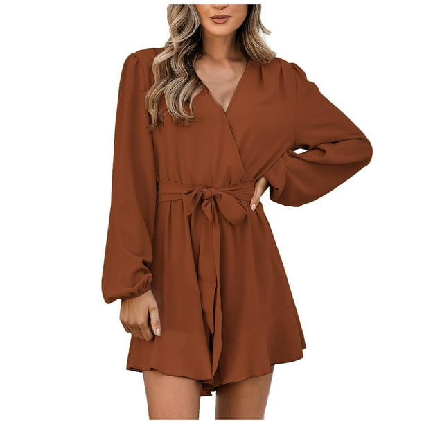Moda mujer sexy color sólido hombro manga larga cuello en v vestido regular Fridja yut4925