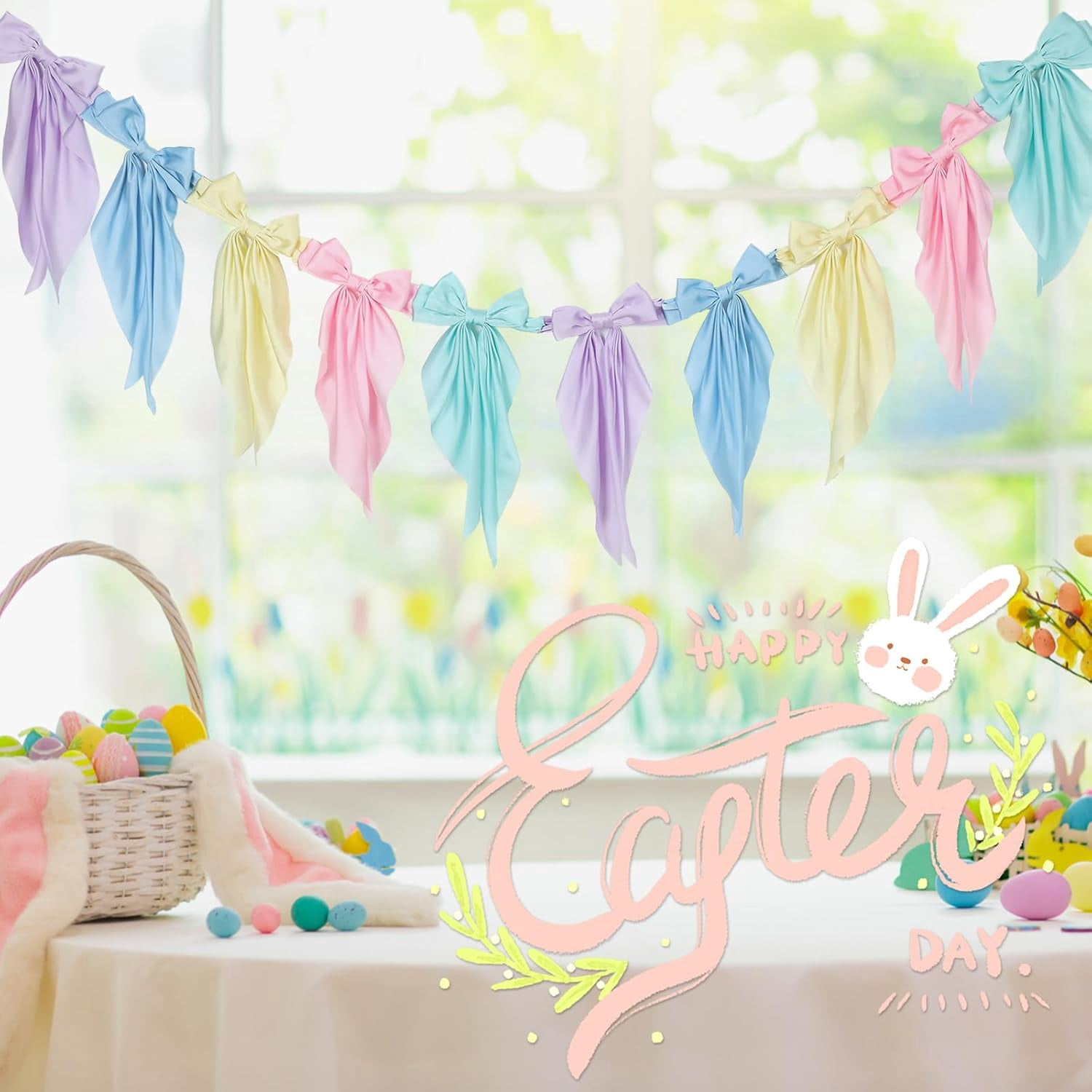 Satmonnus 7.9 FT Easter Pastel Bow Garland Banner - Silk Satin Ribbon Pastel Bow Garland Hanging Party Bow Garland Decoration for Easter Birthday Baby Shower Wedding Party Supplies