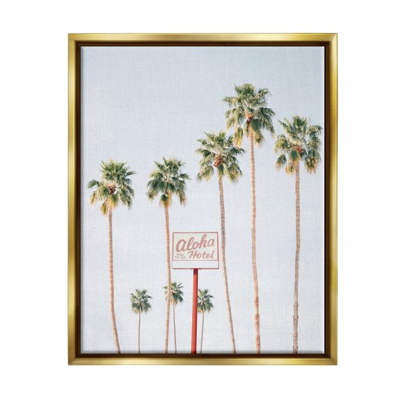 Stupell Industries Aloha Hotel with Palm Trees Botanical & Floral Painting Gold Floater Framed Art Print Wall Art, 25 x 31