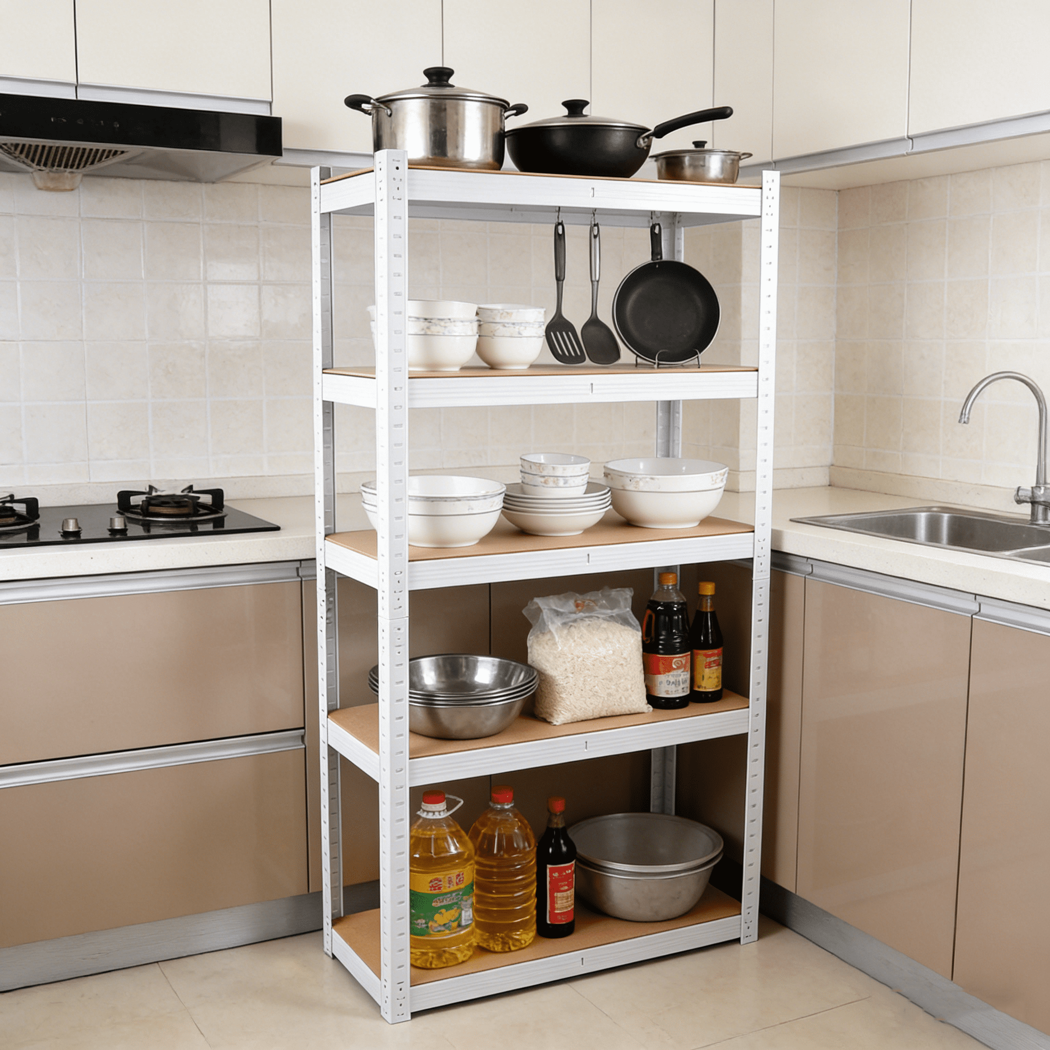 5 Tier Laminated White Metal Shelving Unit, Adjustable Heavy Duty Storage Utility Rack, Multipurpose Organizer for Garage Basement Pantry Warehouse