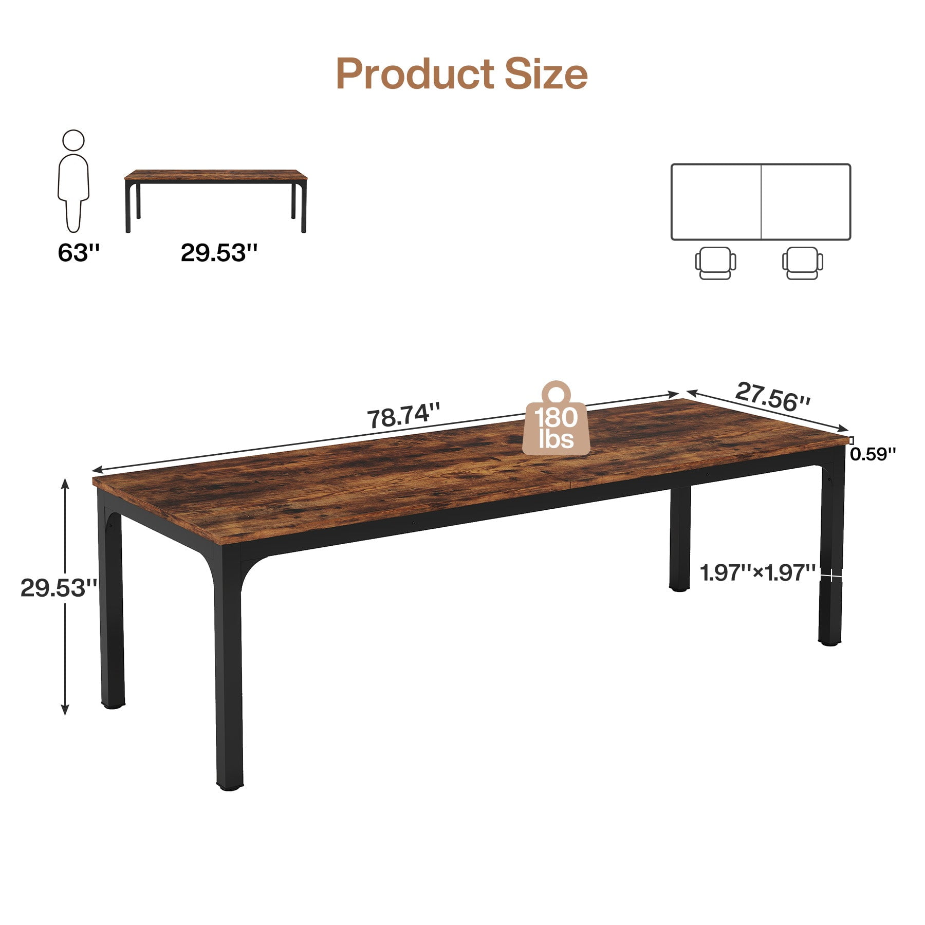 Fnova 78.7" Modern Computer Desk with Wood Desktop, Metal Frame Office Desk, Rustic Brown