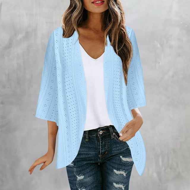 AherBiu Cardigan pour Femmes Manches 3/4 Léger Printemps Été Automne 2025 Mode Décontracté Doux Confortable Veste Ouverte