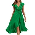 thumbnail image 2 of IDALL Robes d'Été, Robes Petites Femmes Col en V Manches Courtes à Volants Longue Robe Élégante, Robe Ajustée et Évasée, Robes Femmes Vert 2 Robe TG, 2 of 5