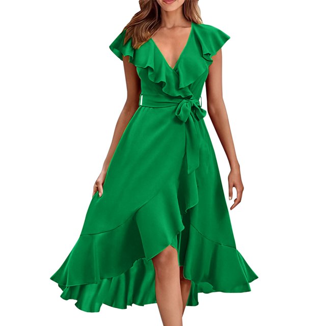 Liquidation! Hontri Robes de Travail pour Femmes Col en V Manches Courtes à Volants Longue Robe à Lacets Vert 2,S