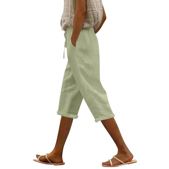 Wutalume Women's Casual Loose Fit Solid Cotton Linen Blend Capri Pants with Drawstring Elastic Waist Summer Beach Trousers,Army Green L