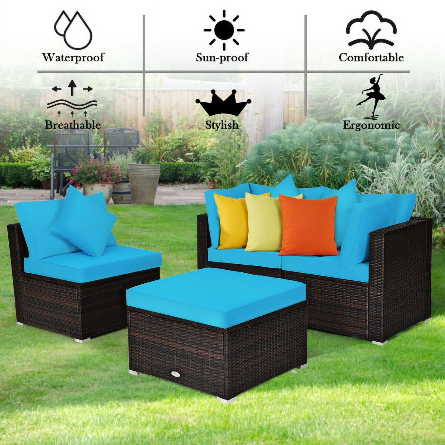 Aimee Lii 4 Pcs Ottoman Garden Deck Patio Rattan Wicker Furniture Set Cushioned Sofa, Outdoor Deck Furniture, Turquoise Aimee Lii 4 Pcs Ottoman Garden Deck Patio Rattan Wicker Furniture Set Cushioned Sofa, Outdoor Deck Furniture, Turquoise