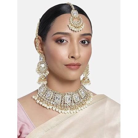 South Indian Polki Kundan Guttapusalu Choker Necklace Set with White Stones, Earrings & Maangtikka for Women