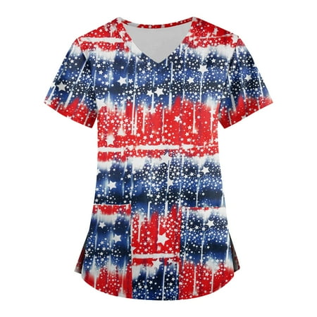 

Sksloeg Scrub Tops Women Clearance Independence Day Top V-Neck Star Stripes Printed Workwear With Pockets Patriotic Shirts Nursing Working Uniform Navy S