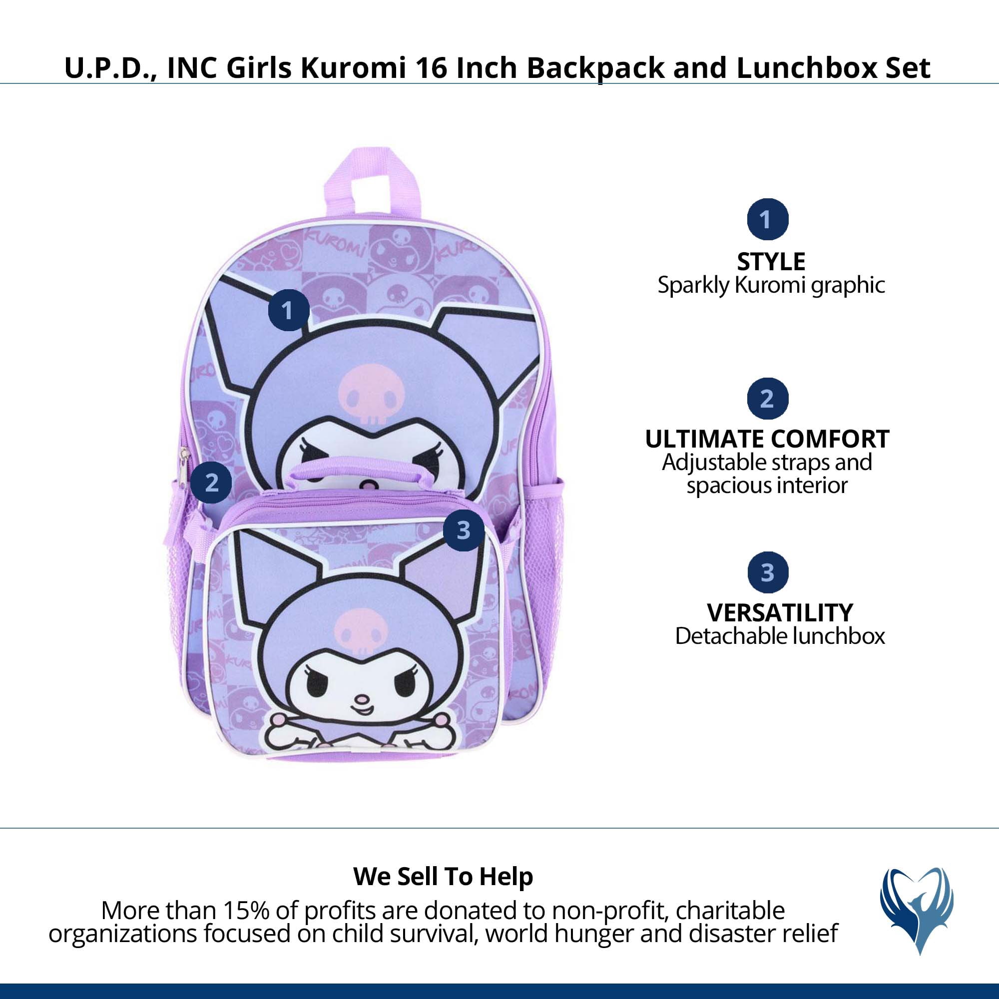 Hello Kitty Kuromi 16" Purple School Backpack and Rectangular Lunch Bag Attached