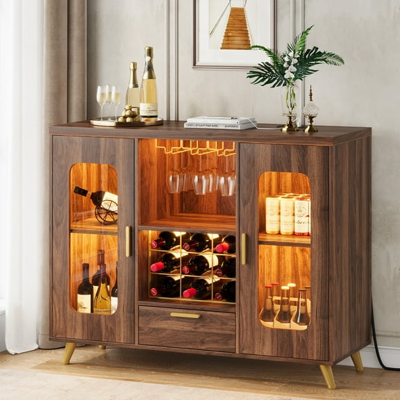 Condemo Wine Bar Cabinet with LED Light & Power Outlet, Liquor Cabinet with Wine Rack and Glass Holder for Dining Room, Living Room, Kitchen, Walnut