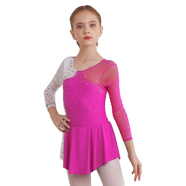 Yeahdor Enfants Filles Figurine en Strass Maille Patinage Gymnastique Justaucorps Robe Danse Ballet Rose 6