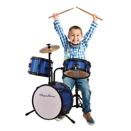 Spectrum AIL 610B 3-Piece Junior Drum Set with Crash Cymbal and Drum Throne – Blazin’ Blue
