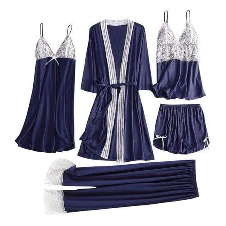 

5Pcs Sexy Women Pajamas Sets Ladies Satin Lace Trousers Shorts Nightdress Robe Pajamas Lingerie