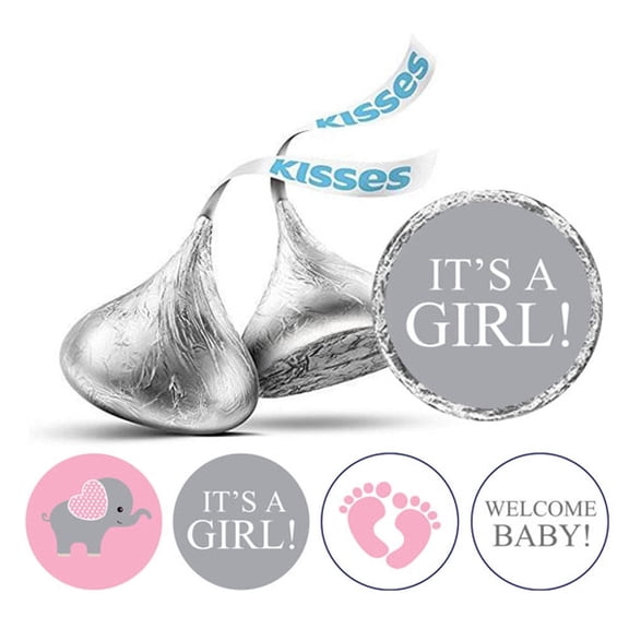 Darling Souvenir Gray & Pink 190 Pieces Baby Shower Favor Stickers - Mini Candy Stickers & Chocolate Wrapper Labels for Party Favors & Decorations